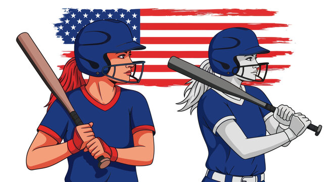 Two Softball Players with USA Flag Background, Ready to Play