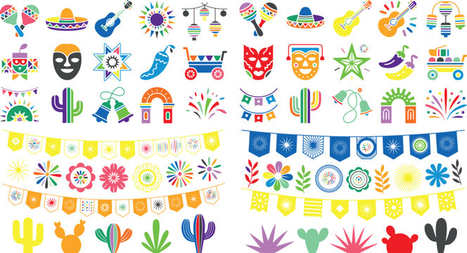 colorful mexican fiesta elements icons collection including cactus and banners on white background