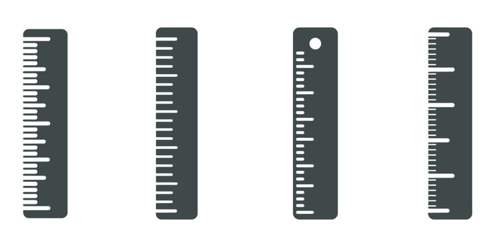 Vertical measuring ruler icon set, four rulers with clear scale markings, minimalist black and white precision measurement vector symbols for education and design concepts.