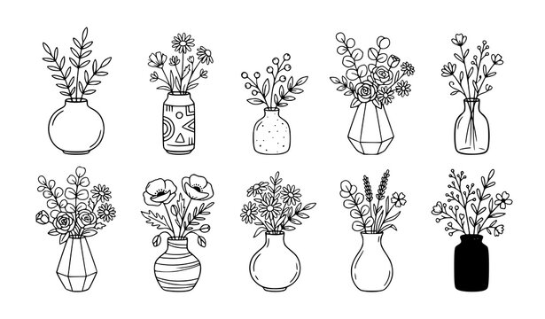 Decorative flower vase doodle sketch vector illustration isolated on white background