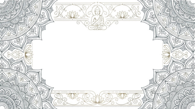 Elegant ornamental frame with intricate mandala patterns and central Buddha figure.