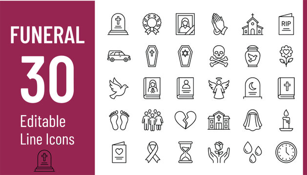 Funeral Editable Line Icons Set for Memorial, Mourning, Cemetery, Burial, and Religious Ceremonies.