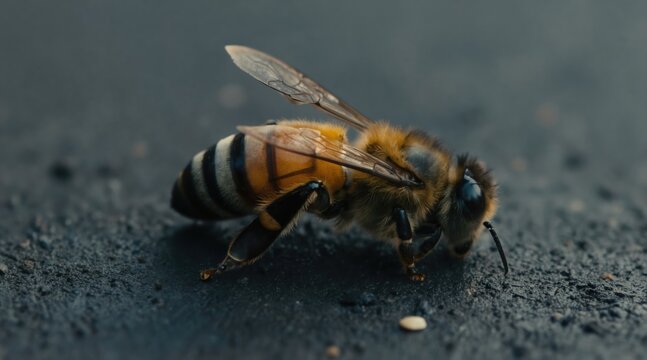 Dead honeybee lies on dark ground. Insect decay may symbolize climate change impact on bee populations. Loss of pollinators affects agriculture and ecosystems. Save bees for our future.