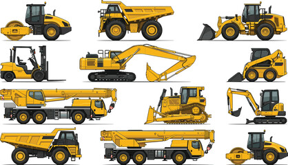 Heavy Construction Machinery Collection Featuring Excavators, Rollers, and Cranes for Industrial Design, Equipment Illustrations, and Digital Art © Sanjida