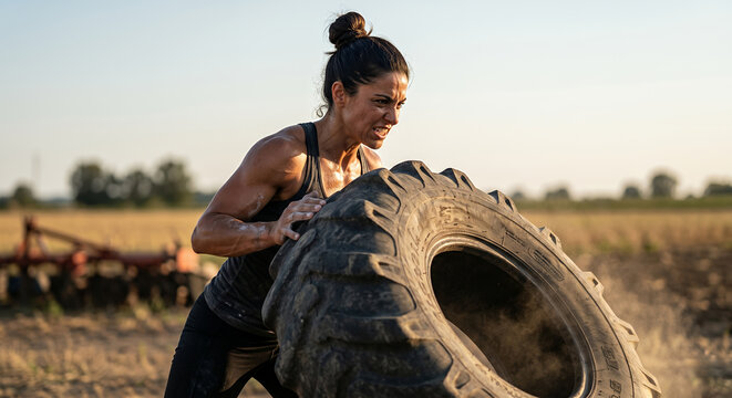 A woman strains as she flips a large tractor tire during an outdoor fitness training session in a field at sunset.