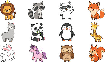 Fototapeta premium Cute Animal Characters Set Featuring Lion, Fox, Panda, Unicorn, and More for Kids Illustrations, Stickers, and Digital Designs