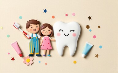 Obraz premium Cute kids hold toothbrushes beside smiling tooth and dental care