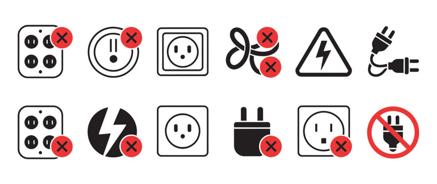 Electrical safety hazard icons set, warning symbols for faulty wiring overloaded sockets and damaged plugs, electrical danger prohibition concept in minimal modern flat vector design.