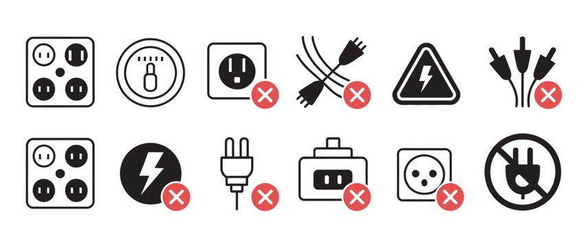 Electrical safety hazard icons set, warning symbols for faulty wiring overloaded sockets and damaged plugs, electrical danger prohibition concept in minimal modern flat vector design.