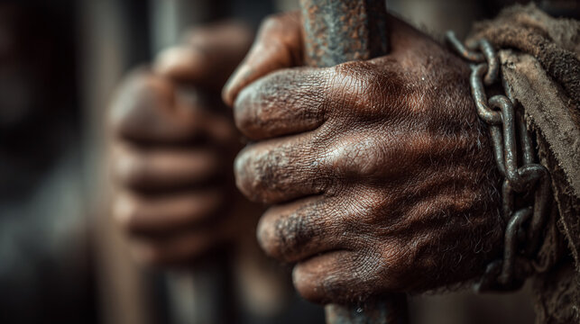 Close up of chained hands symbolizing mass incarceration and oppression with a blurred prison background