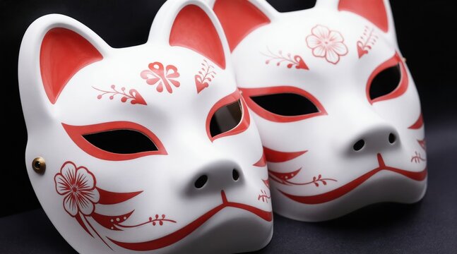 Two white Japanese Kitsune fox masks with red floral patterns and accents sit side by side. These traditional masks are ornate and detailed, evoking Japanese culture and folklore.
