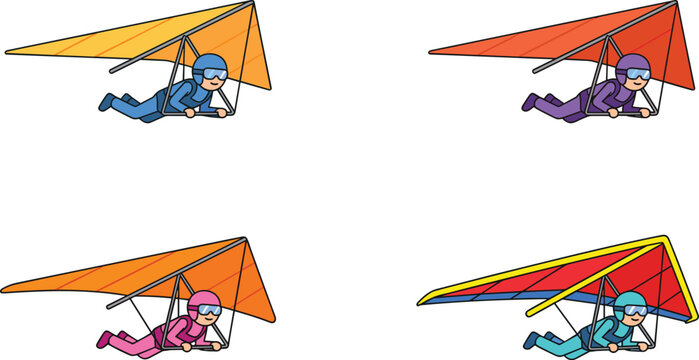 Hang Gliding Set with People Flying in Colorful Gliders for Extreme Sports and Adventure Illustrations