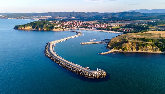 Coastal town harbor with breakwater and boats