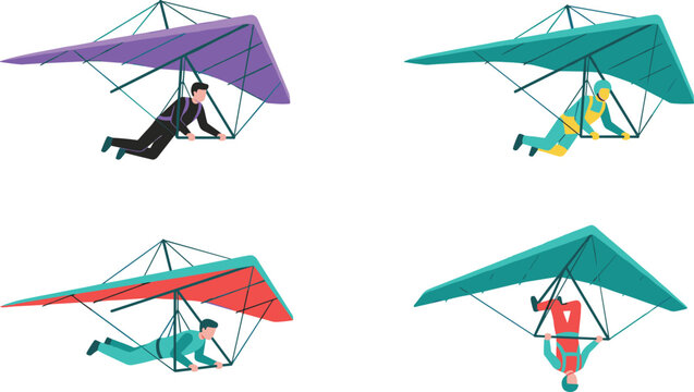 Hang Gliding Set with People Flying in Different Poses and Colorful Gliders for Adventure and Extreme Sports Illustrations