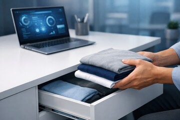 Fototapeta premium Organizing the Digital Age: A person neatly folds clean clothes into a drawer beside a laptop displaying intricate data charts, symbolizing the intersection of order and technology in modern life.