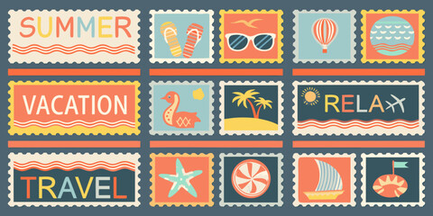 Collection of vintage style postage stamps with summer vacation and travel themed illustrations high quality © Ramendranath