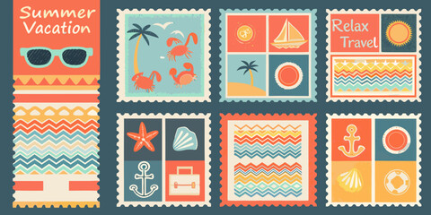 Summer vacation postage stamp grid with beach icons travel themes and retro style high quality © Ramendranath