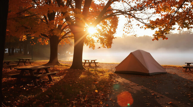 Tent pitched at campsite near lake at sunrise. Autumn leaves cover ground under trees. Morning sun rays shine through orange foliage. Peaceful dawn mist floats over water.