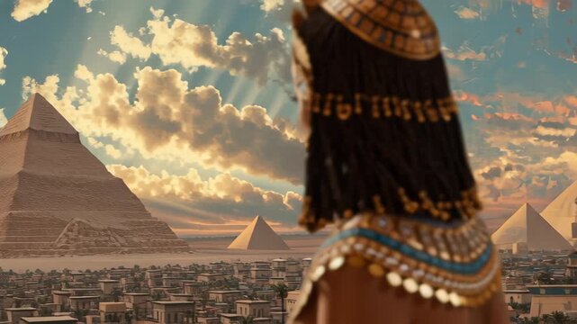 Beautiful Woman Dressed as an Egyptian Royalty Looking Over Pyramids City
