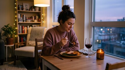 Fototapeta premium Cozy Evening Dining with Wine and Scenic City View in Apartment