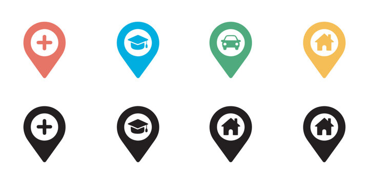 Map location pin icons set, colorful markers with hospital school car and house symbols, healthcare education transport and real estate navigation vector illustration.