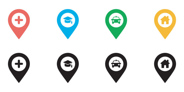 Map location pin icons set, colorful markers with hospital school car and house symbols, healthcare education transport and real estate navigation vector illustration.