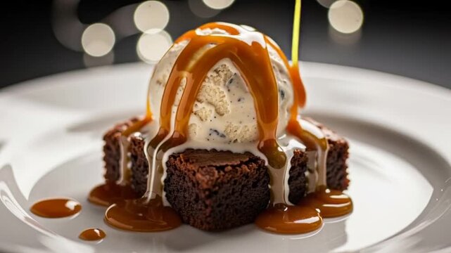 Brownie with ice cream and caramel.
