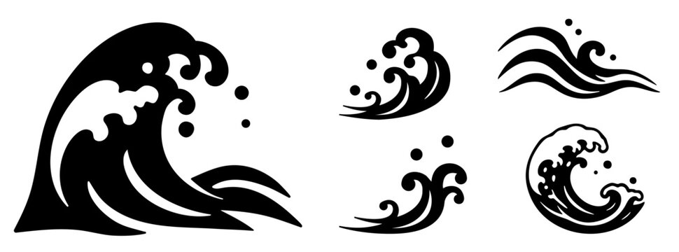 和風で切り絵風の波のイラストセット