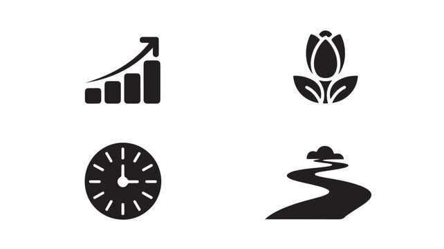 Business Growth Icons Set Including Bar Chart, Flower, Clock, And Winding Road For Corporate Concepts