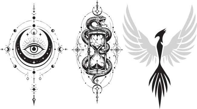 Mystical occult tattoo vector set, celestial moon eye with sacred geometry, snake wrapped around hourglass, rising phoenix bird silhouette