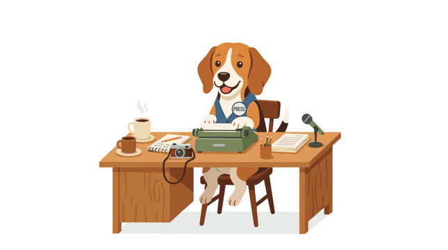 A professional beagle dog wearing a press badge sits at a wooden office desk typing on a vintage manual typewriter surrounded by journalism tools and notebooks.