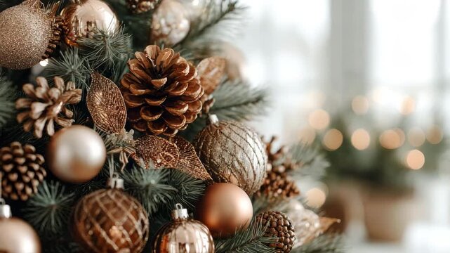 Decorated Christmas tree with gold ornaments and lights on dark background How to Decorate a Small Christmas Tree festive holiday mood