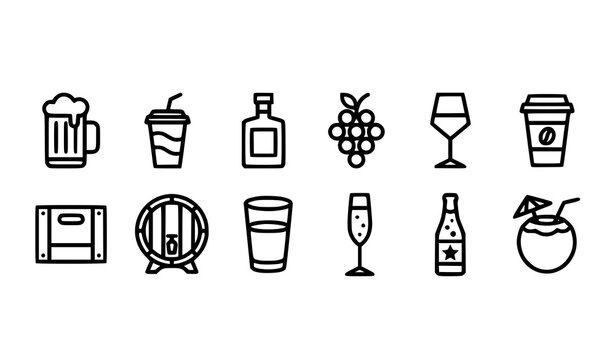 Minimal Beverage Service Line Icon Collection with Beer Champagne Wine and Cocktail Symbols