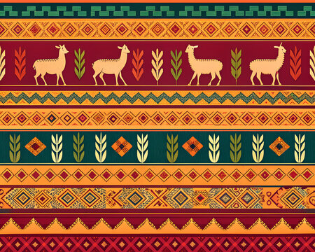 Peruvian Andean woven textile background, colorful tribal stripes and alpaca motifs, authentic handmade fabric texture, seamless folk pattern, vibrant Latin American aesthetic