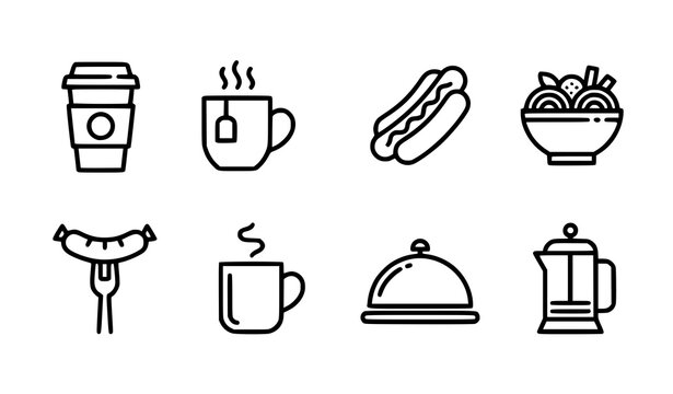Modern Food and Beverage Line Icon Set with Hot Dog Tea French Press and Restaurant Symbols