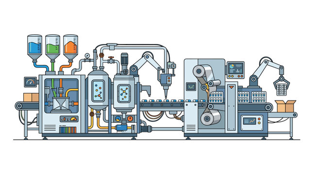 An intricate pharmaceutical packaging station with three colored liquid reservoirs and robotic arms seals medicine into blister packs on an automated assembly conveyor line.