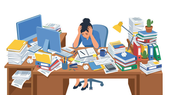 A stressed female employee sits at a cluttered office desk surrounded by multiple computer monitors and towering stacks of vibrant document binders and paperwork.