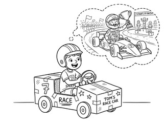 Fototapeta premium Young Boy Dreams of Winning Race Car Championship