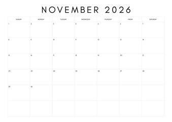 November 2026 calendar template for planning and organization isolated on white background © MST