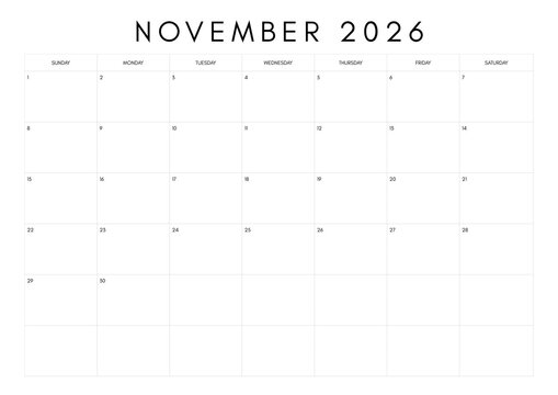 November 2026 calendar template for planning and organization isolated on white background