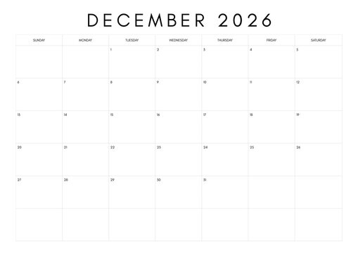 December 2026 calendar isolated on white background for planning and organization