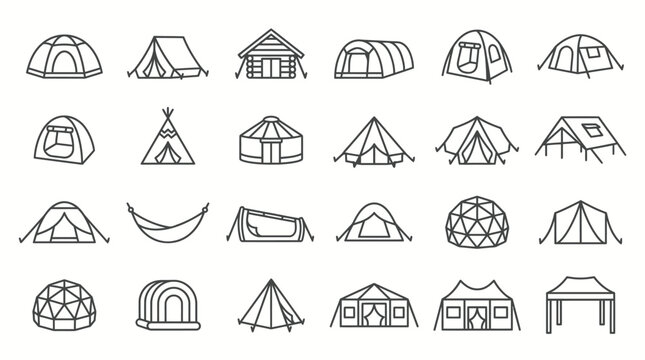Vector Icons Set of camping tents and outdoor shelter icons. EPS Editable