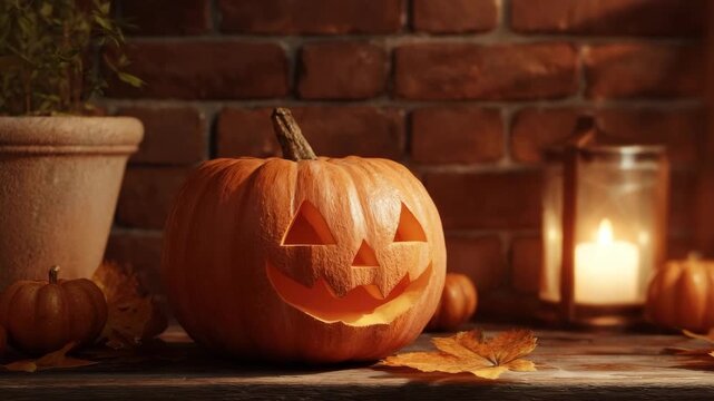 Glowing jack-o'-lantern and candles on wooden table in cozy autumn living room Indoor pumpkin carving setup cozy seasonal harvest ambiance