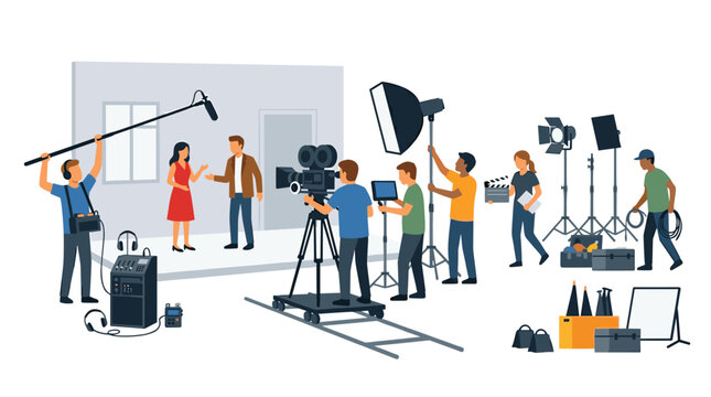A production crew member holds a boom microphone over two people speaking on a film set equipped with professional lighting and camera equipment on tracks.