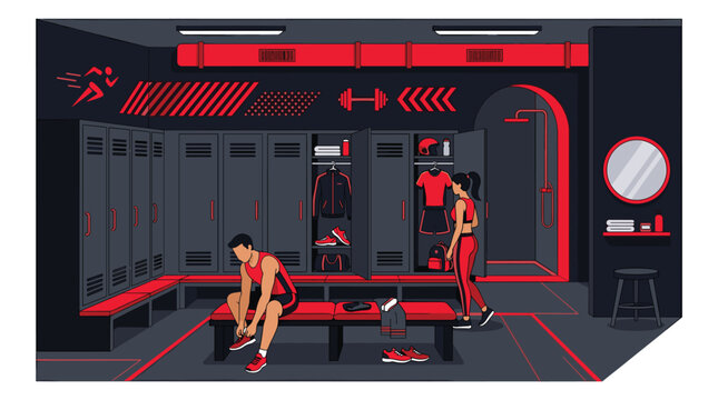 A fitness center locker room features a man sitting on a bench while a woman stands nearby against a backdrop of modern dark cabinets with red accents.