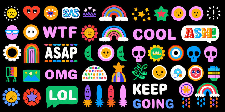 Colorful sticker set with playful expressions slang and decorative elements on a black background