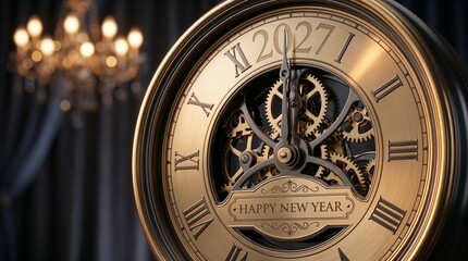 Obraz premium Vintage Clock Showing 2027 at Midnight, Happy New Year Celebration Countdown and Time Concept