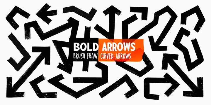 Black brush drawn curved and straight arrows dynamic hand painted directional shapes on white
