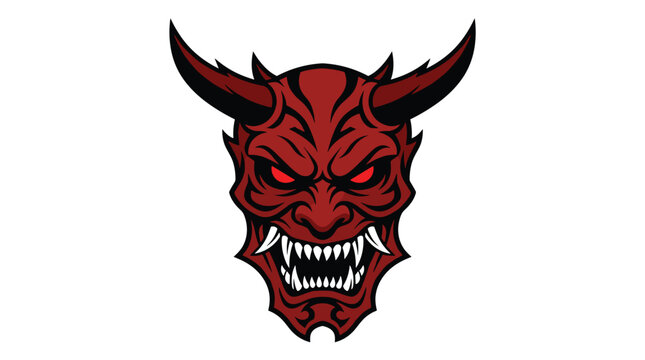 A stylized red devil visage featuring aggressive glowing crimson eyes and elongated sharp white fangs rendered in a bold digital art style on a plain white studio background.
