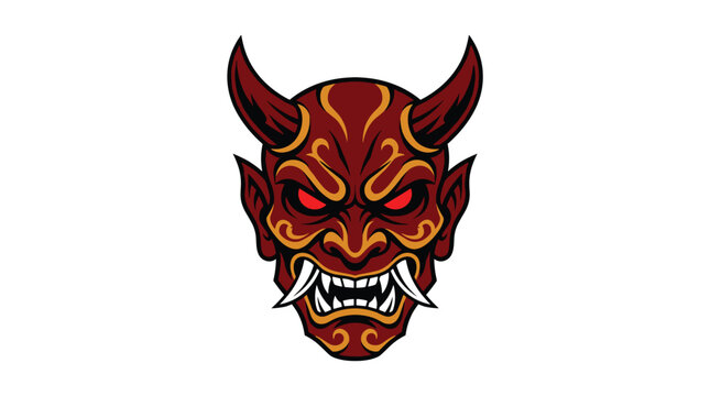 An intricate red Japanese Oni mask displaying detailed gold filigree patterns and sharp white protruding fangs set against a clean and minimal solid white studio background.
